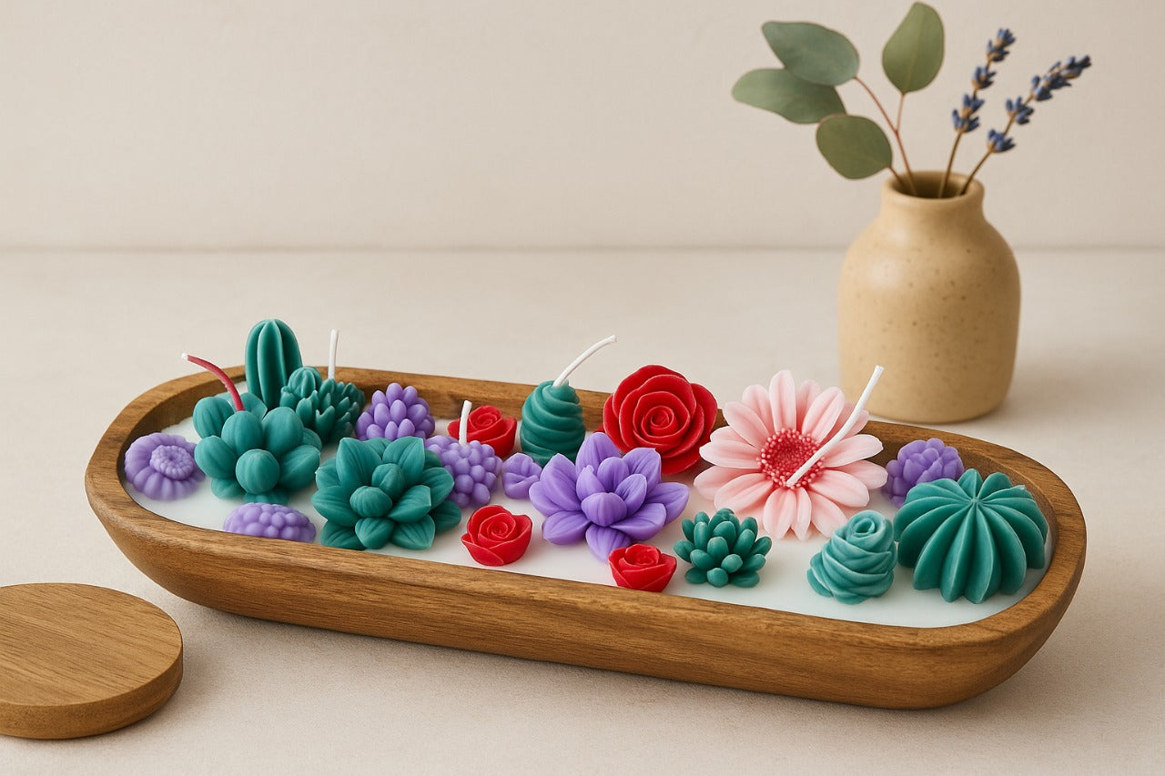Botanical Garden Dough Bowl Candle | Handcrafted Wax Flower & Cactus Design | Long Wooden Scented Candle Centerpiece