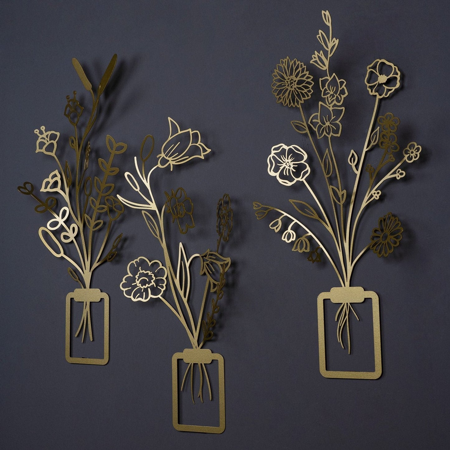 Flowers in Vase 3D Metal Wall Art, Set of 3 Pieces