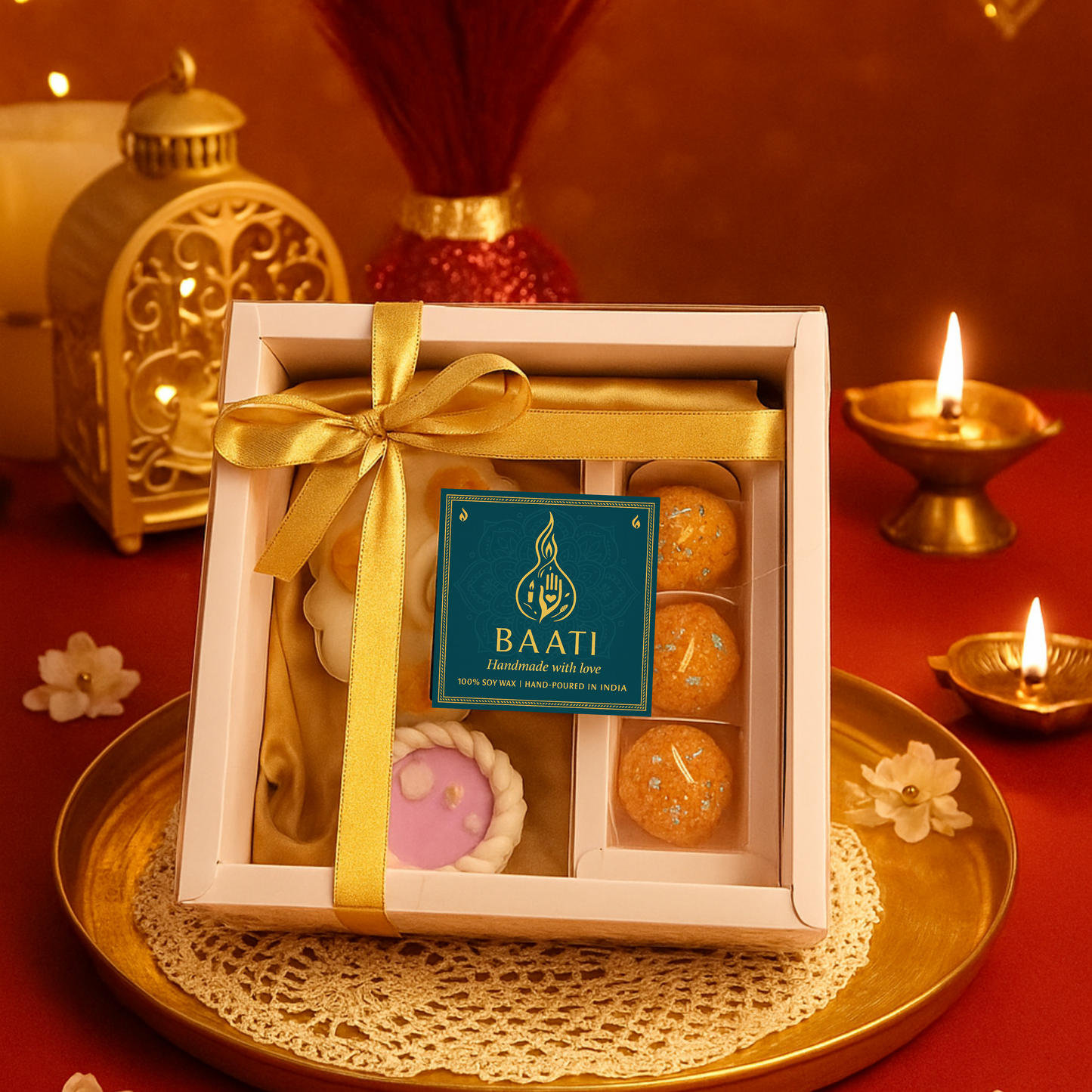 Premium Diwali Candle Gift Hamper with Urli Candle, Ladoo Candles & Elegant Decor Candle