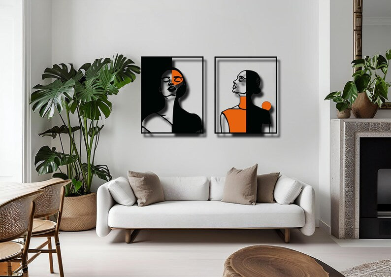 Orange Women Metal Wall Art, Set of 2 Pieces