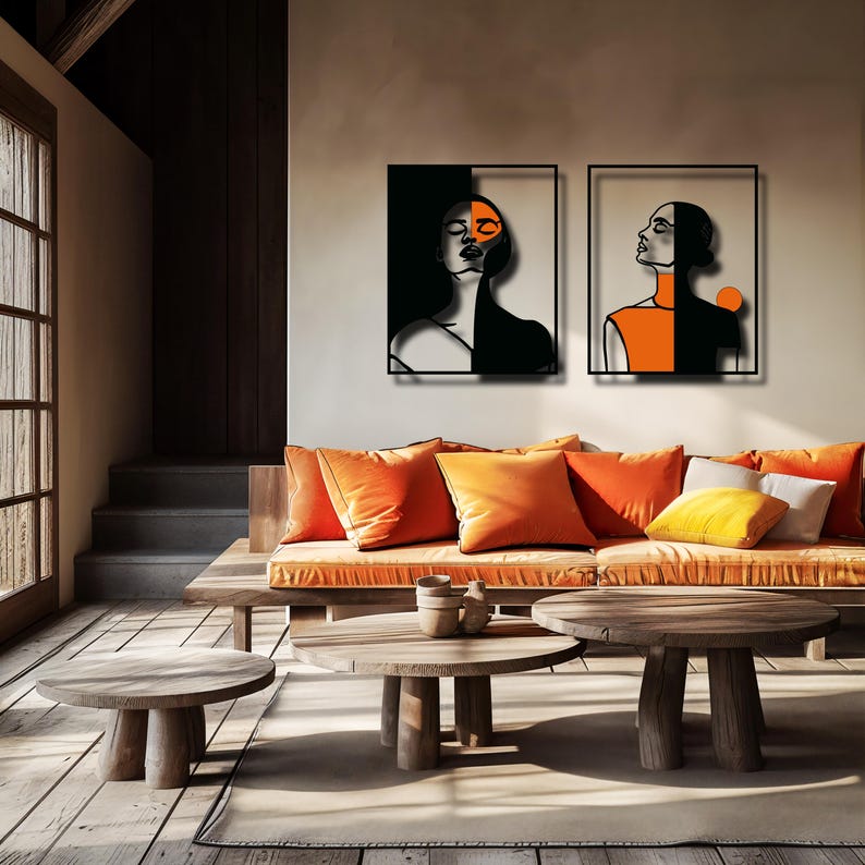 Orange Women Metal Wall Art, Set of 2 Pieces