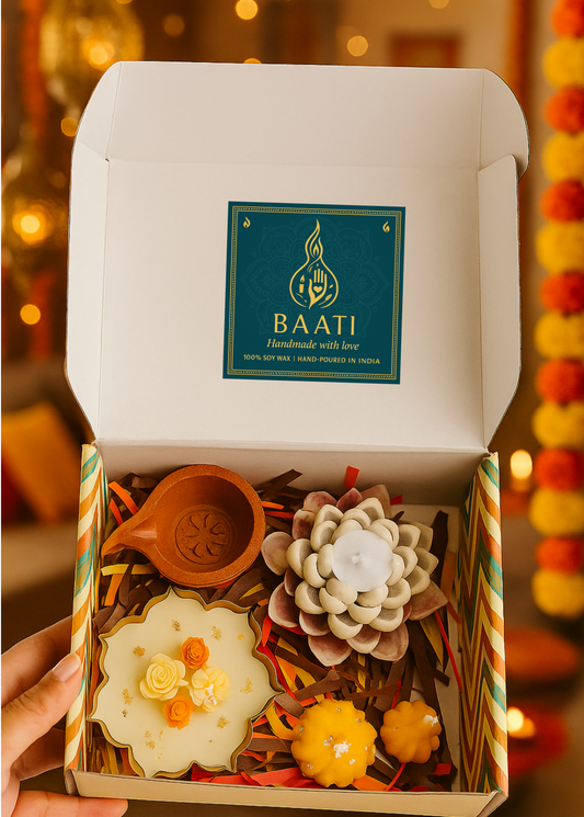 The Baati Urli , Lotus set - Traditional Diwali Hamper with Diya & Modak candles