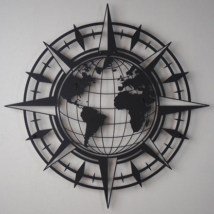 Compass And World Map Metal Wall Art
