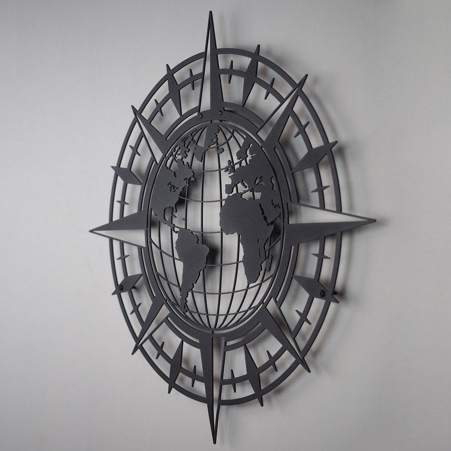 Compass And World Map Metal Wall Art