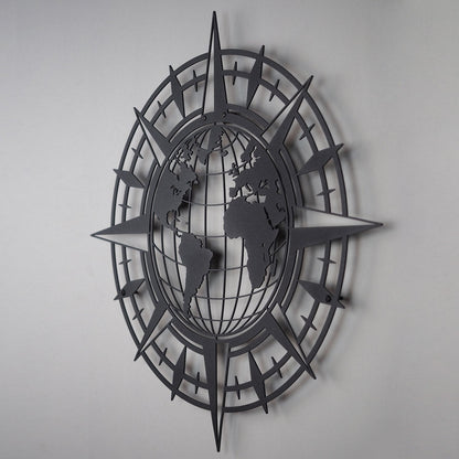 Compass And World Map Metal Wall Art