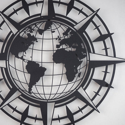Compass And World Map Metal Wall Art