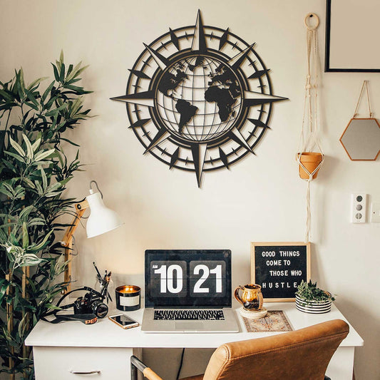 Compass And World Map Metal Wall Art