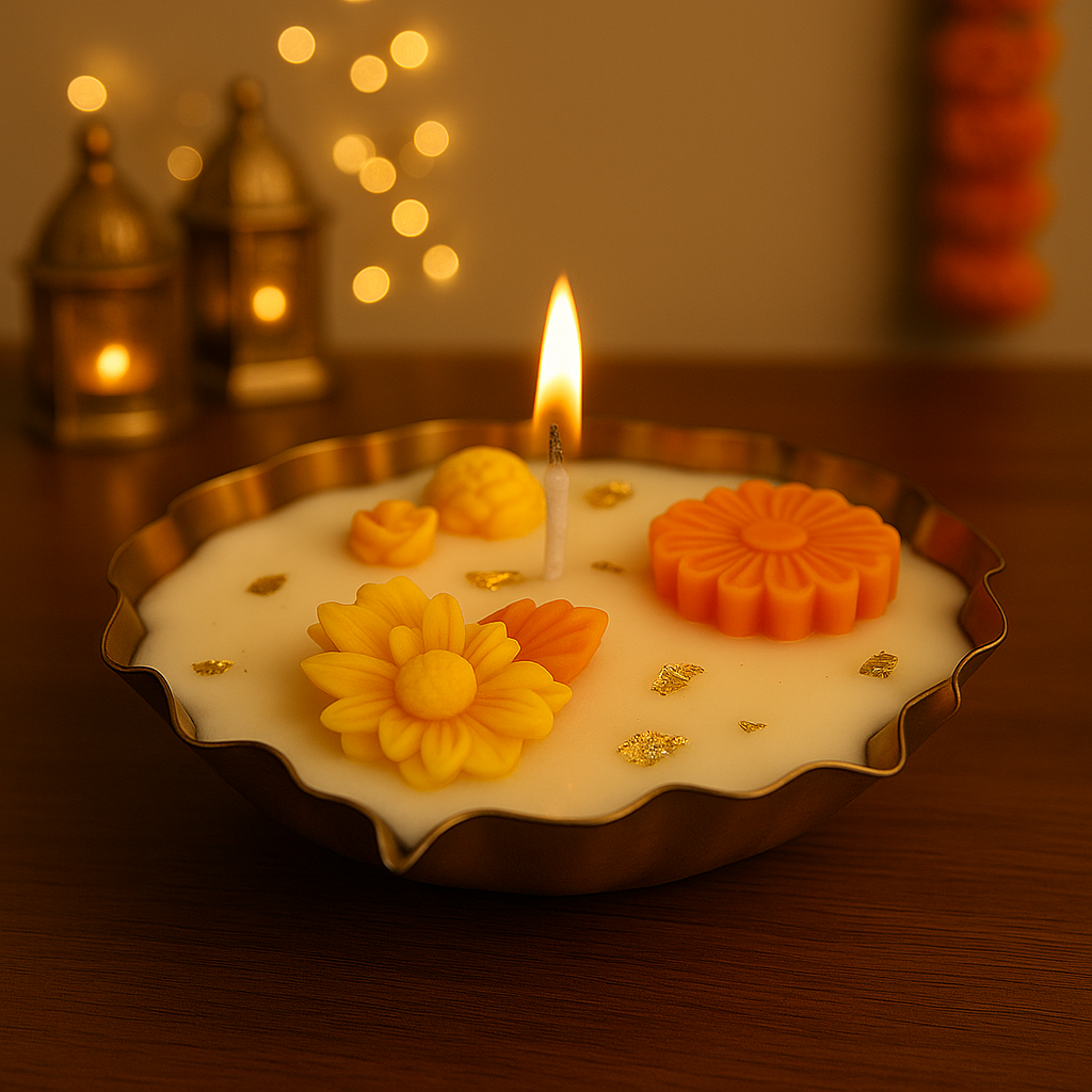 Floral Floating Bowl Candle – Decorative Handcrafted Candle with Marigold & Gold Leaf Accents in Metal Bowl