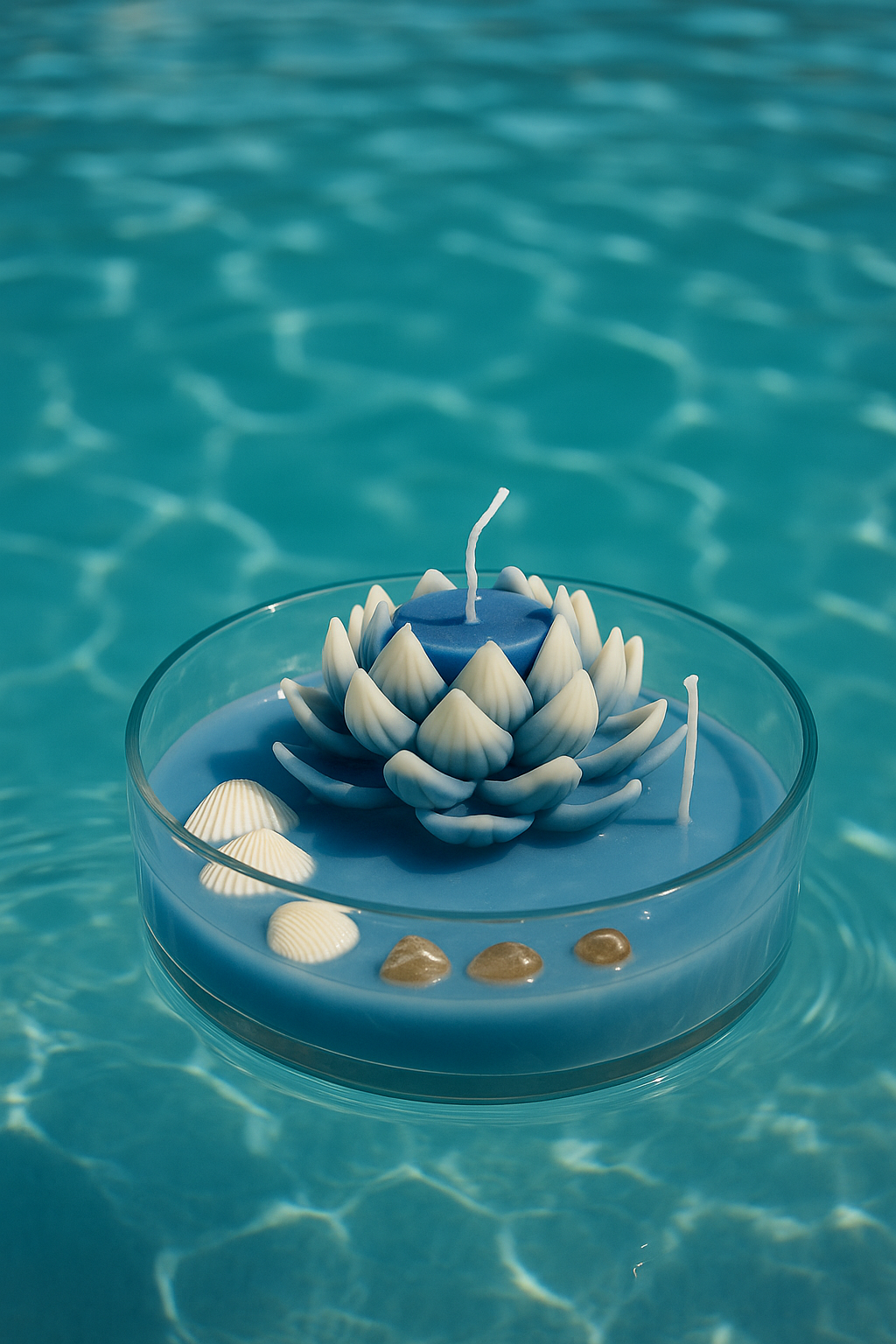 Blue Lotus Floating Candle in Glass Bowl – Decorative Ocean-Inspired Soy Wax Candle with Shell Accents