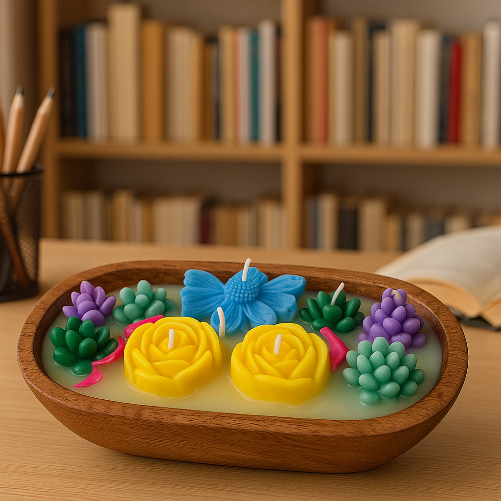 Handcrafted Floral Garden Candle in Wooden Bowl – Multi-Wick Decorative Soy Wax Candle for Home Decor & Gifting