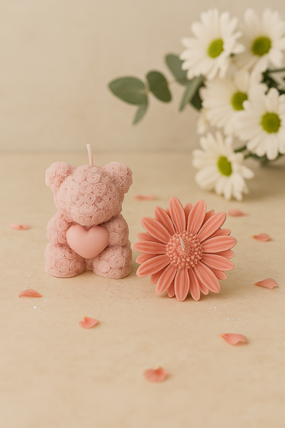 Rose Teddy Bear & Daisy Flower Candle Duo – Handcrafted Soy Wax Gift Set | Romantic Pink & Blue Decorative Candles for Home, Gift & Events
