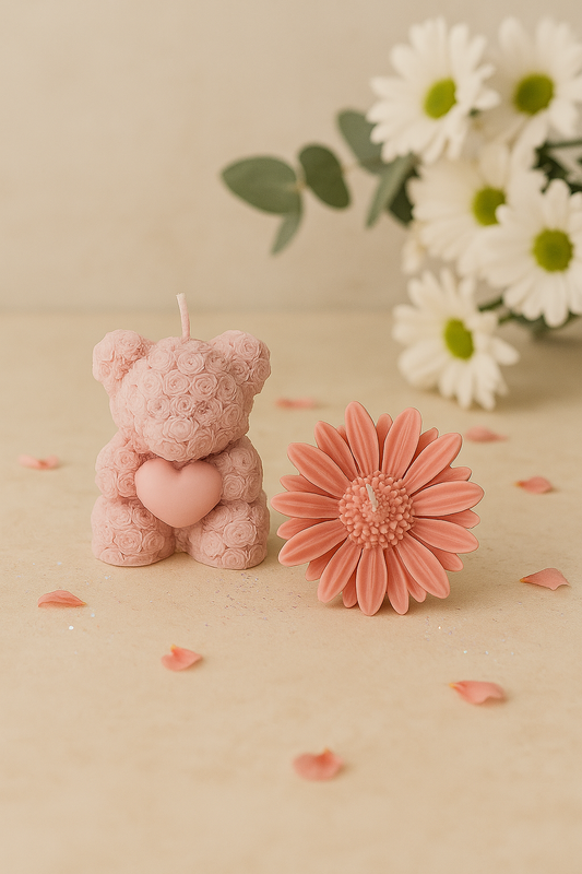 Rose Teddy Bear & Daisy Flower Candle Duo – Handcrafted Soy Wax Gift Set | Romantic Pink & Blue Decorative Candles for Home, Gift & Events