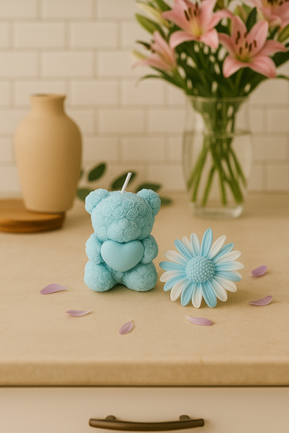 Rose Teddy Bear & Daisy Flower Candle Duo – Handcrafted Soy Wax Gift Set | Romantic Pink & Blue Decorative Candles for Home, Gift & Events