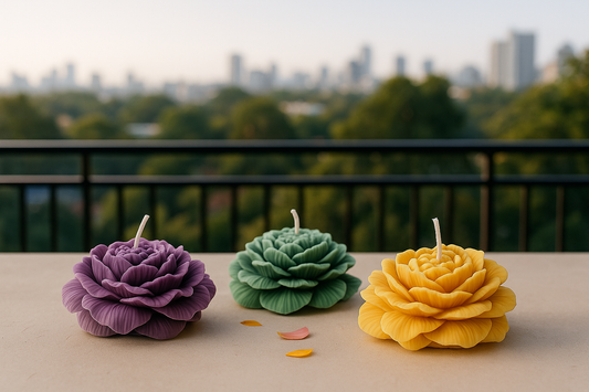 Trio Bloom Rose Candles – Handcrafted Layered Petal Set in Purple, Green & Marigold Yellow