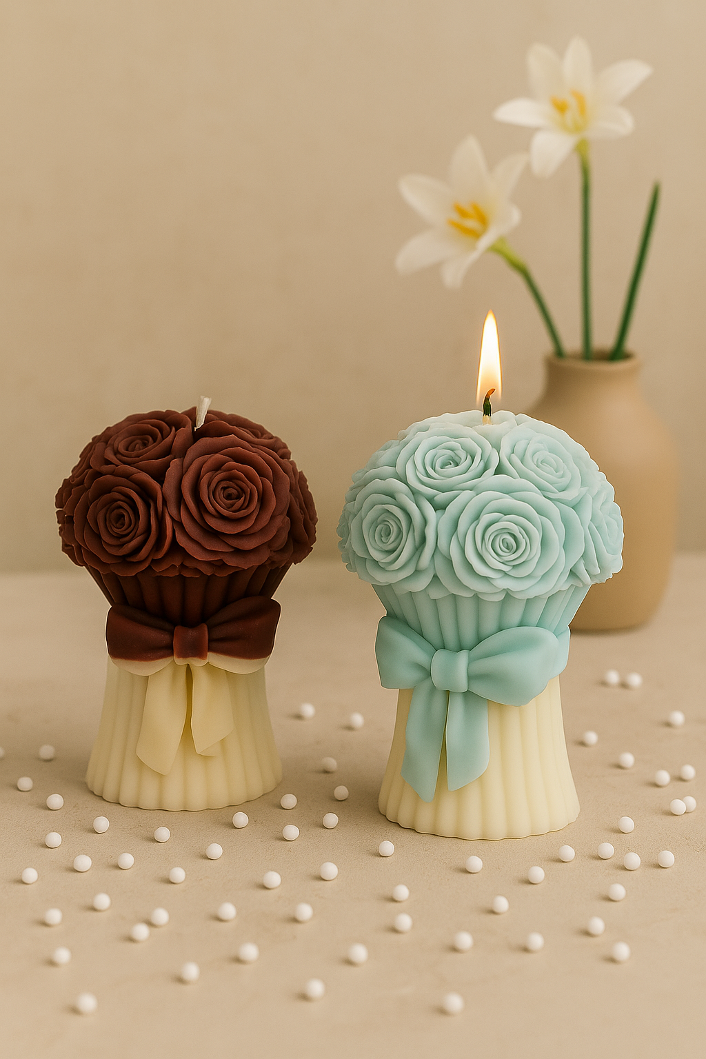 Bouquet Rose Candle Set – Mint Green & Brown | Sculpted Floral Soy Wax Candles with Cream Bow Base | Romantic Decorative Gift Candles