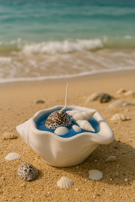 Coastal Shell Candle in Ceramic Bowl – Ocean Blue Wax with Realistic Seashell Embeds
