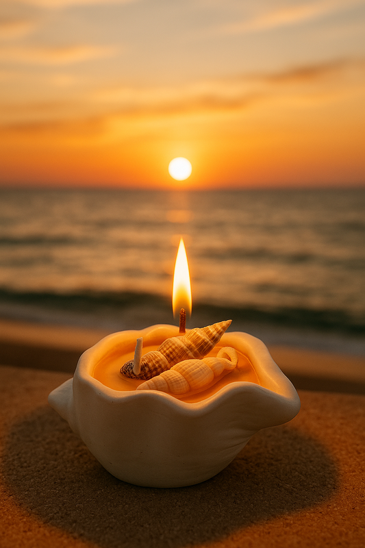 Golden Shell Candle in Ceramic Bowl – Handcrafted Wax with Embedded Seashells