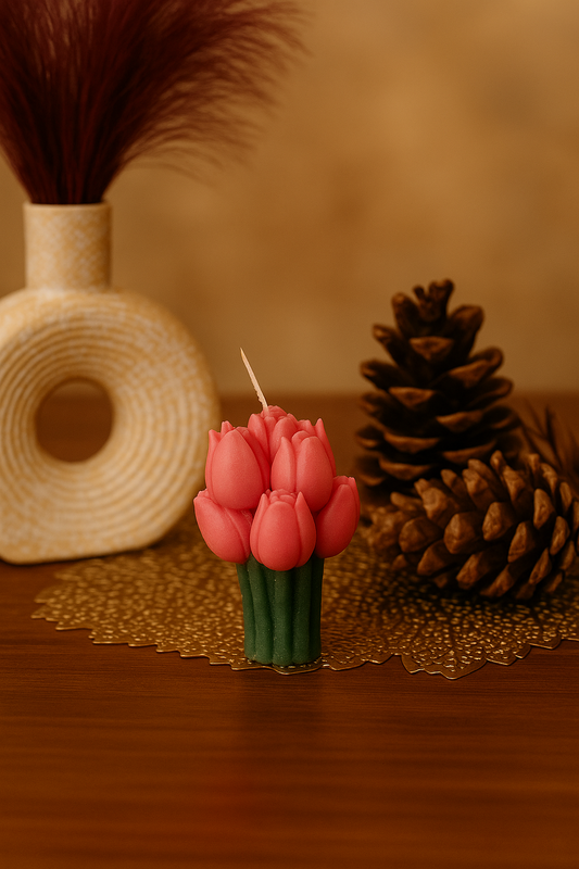 Pink Tulip Bunch Candle – Handcrafted Wax Bouquet with Green Stems