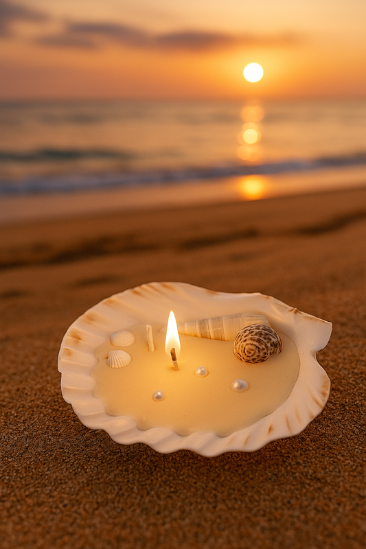 Seashell Pearl Candle in Ceramic Shell Dish – Cream Wax with Coastal Embeds