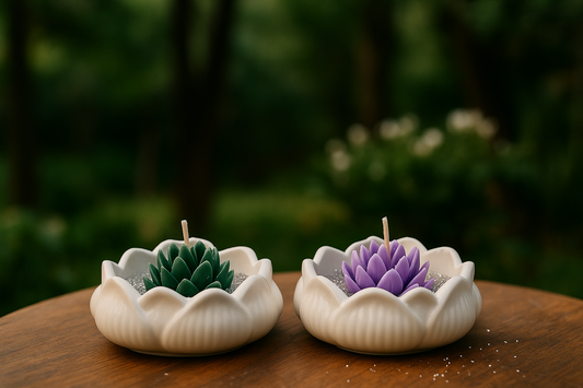 Lotus Succulent Bowl Candle Set – Handcrafted Green & Purple Wax Blooms in Ceramic Petal Holders