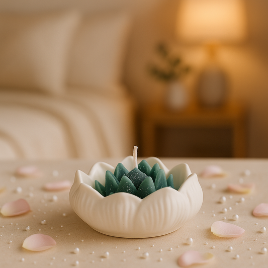 Succulent Candle in Lotus Bowl – Handcrafted Green Wax Bloom in Ceramic Holder