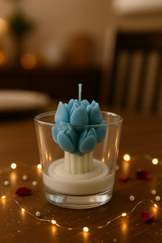 Tulip Cluster Candle in Glass – Handcrafted Floral Pillar with White Wax Base