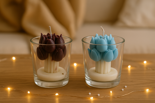 Tulip Bloom Candle Duo in Glass – Handcrafted Brown & Blue Wax Bouquet Set