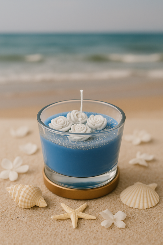 Ocean Rose Glow Candle – Blue Gel Wax with White Rose Embeds in Glass Jar