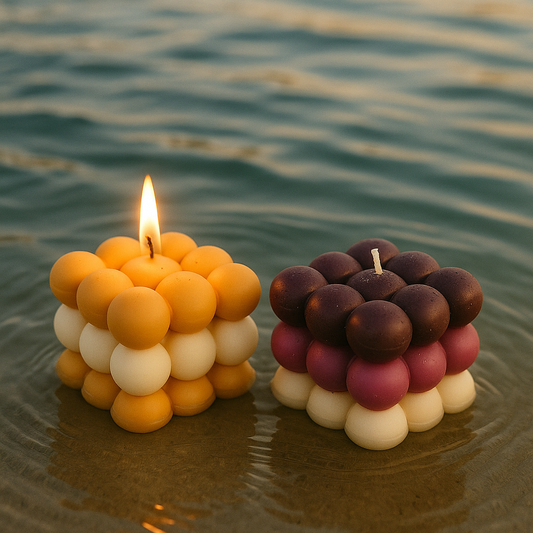Dual-Tone Bubble Cube Candle Set – Mustard Cream & Plum Pink Geometric Wax Decor