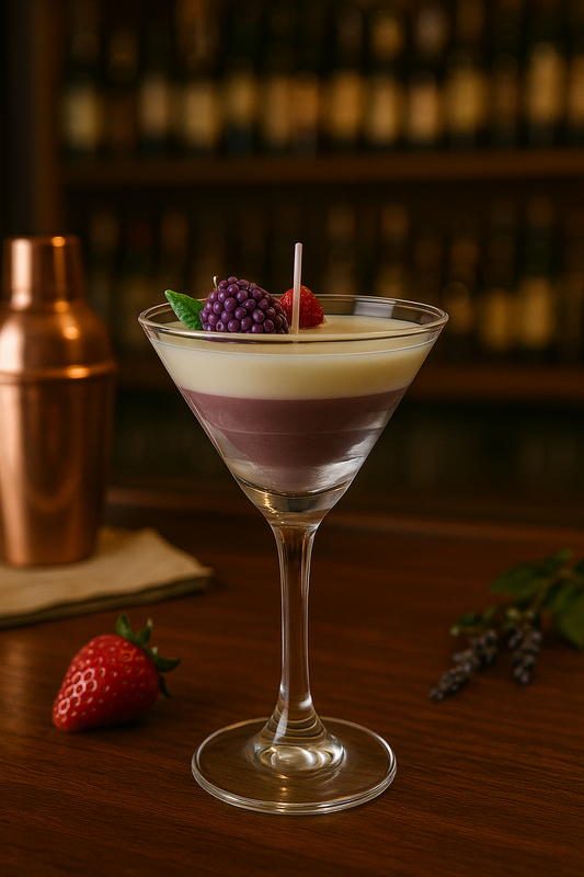 Berry Bliss Cocktail Candle – Dessert-Inspired Candle in Martini Glass with Fruit Garnish