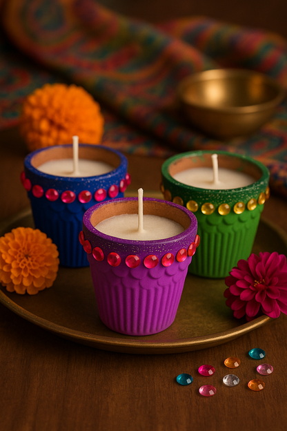 Kullad Candle – Handcrafted Clay Pot Candle with Festive Design (Available in Red, Blue, Green & Pink)