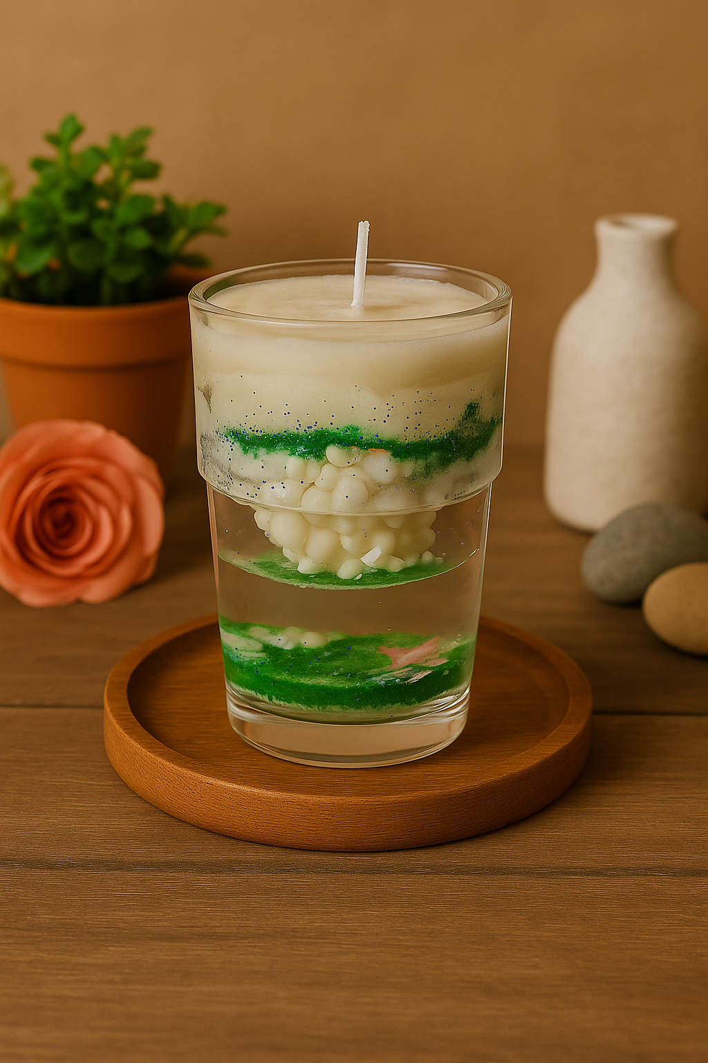 Layered Art Gel Candle in Glass – Handcrafted Decorative Candle with White Wax & Green Glitter Accents