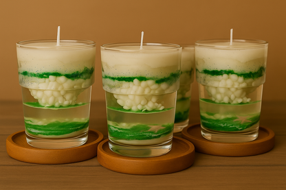 Layered Art Gel Candle in Glass – Handcrafted Decorative Candle with White Wax & Green Glitter Accents