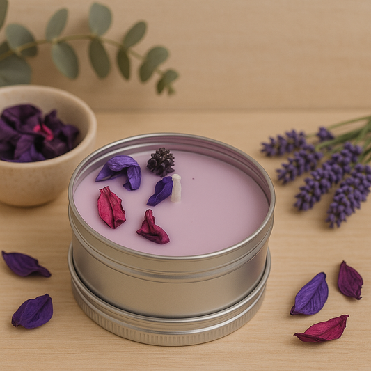 Lavender Bliss Botanical Candle – Handcrafted Soy Wax Candle with Purple & Plum Petals in Silver Tin