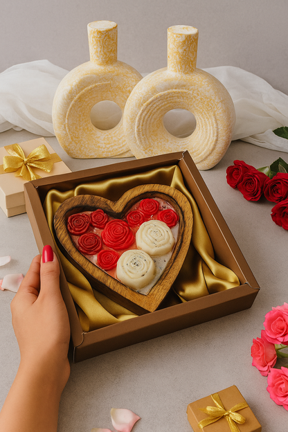 Rose  Candle Gift Hamper – Heart-Shaped Wooden Box with Decorative Rose Baatis