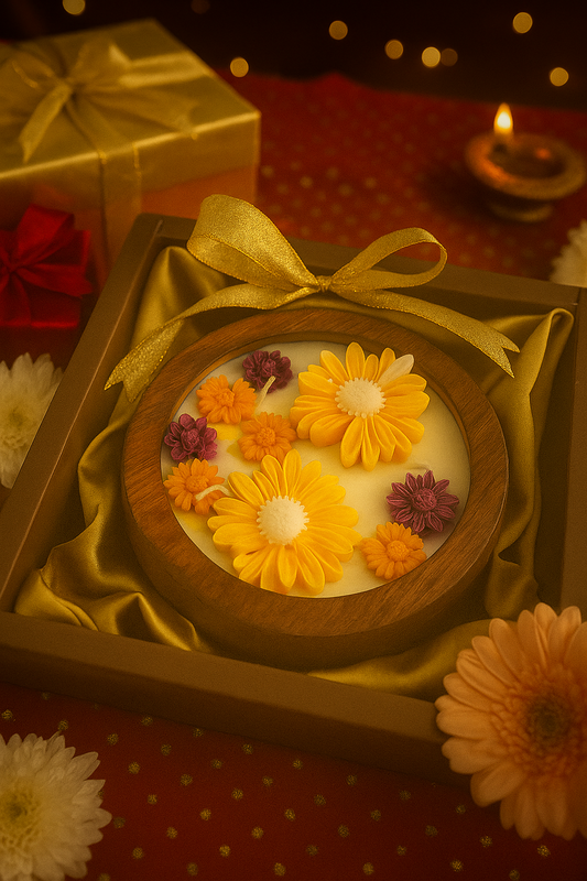 Floral Soy wax wooden bowl Candle Hamper – Handcrafted Diwali Gift