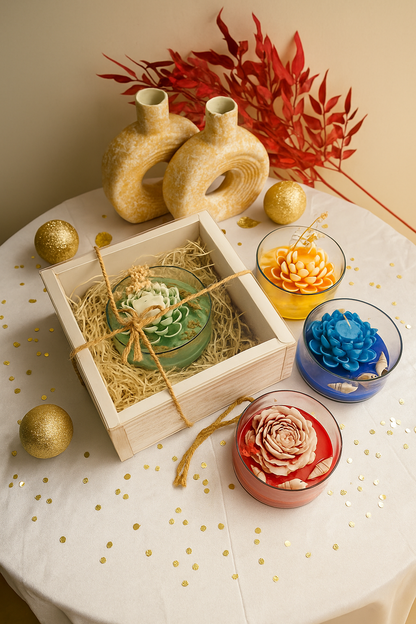 Lotus Candle Hamper in Round Glass Bowls – Handcrafted Diwali Gift Set