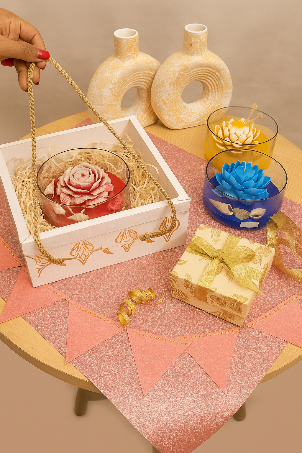 Rose Candle Hamper in Round Glass Bowl – Handcrafted Soy Wax Gift
