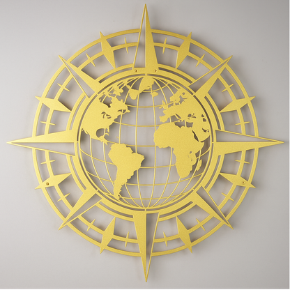Compass And World Map Metal Wall Art
