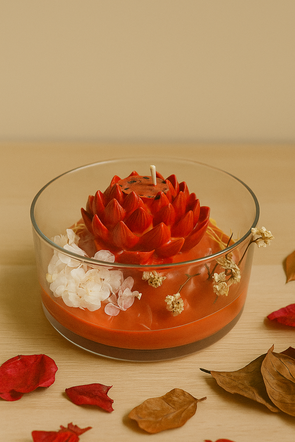 Lotus & Rose Glass Bowl Candle  – Decorative Floral Wax Candles with Seashells & Dried Flowers | Blue, Green, Yellow, Red , Brown