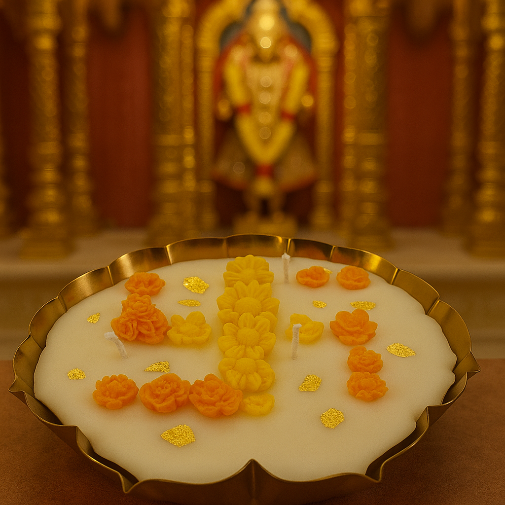 Floral Floating Bowl Candle – Decorative Handcrafted Candle with Marigold & Gold Leaf Accents in Metal Bowl