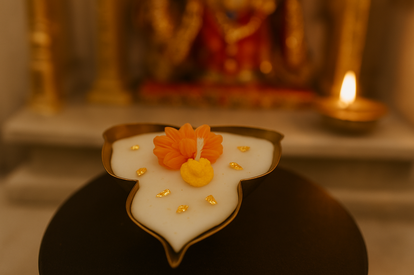 Leaf-Shaped Floral Candle – Handcrafted Soy Wax Candle with Orange Flower Embeds & Gold Foil in Brass Finish Tray
