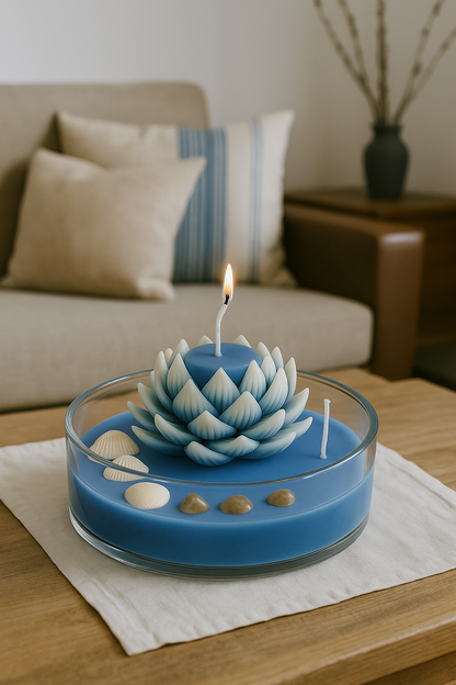 Blue Lotus Floating Candle in Glass Bowl – Decorative Ocean-Inspired Soy Wax Candle with Shell Accents