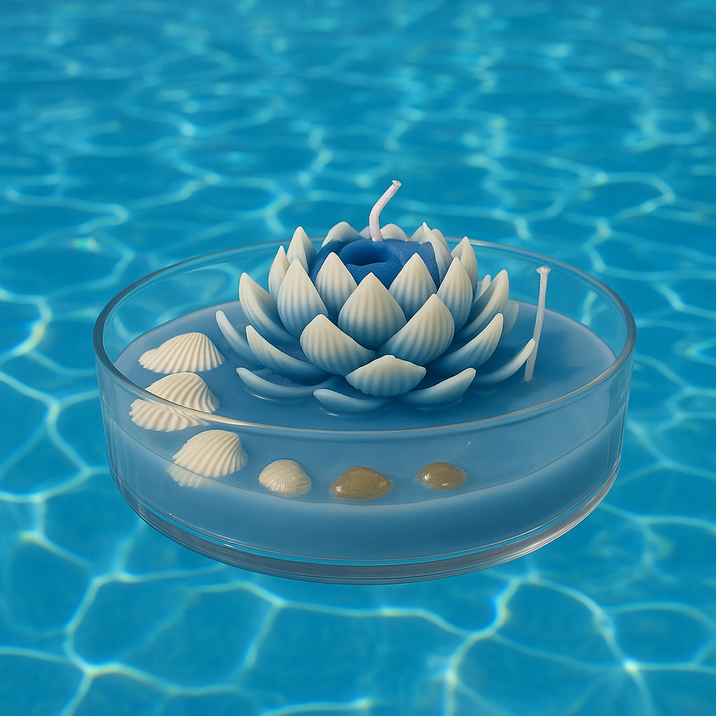 Blue Lotus Floating Candle in Glass Bowl – Decorative Ocean-Inspired Soy Wax Candle with Shell Accents
