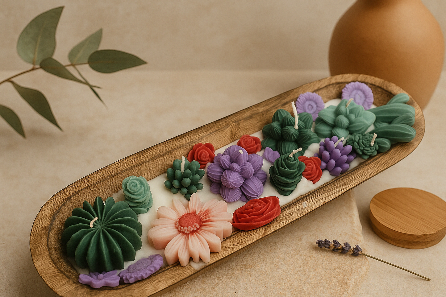 Botanical Garden Dough Bowl Candle | Handcrafted Wax Flower & Cactus Design | Long Wooden Scented Candle Centerpiece