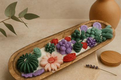 Botanical Garden Dough Bowl Candle | Handcrafted Wax Flower & Cactus Design | Long Wooden Scented Candle Centerpiece