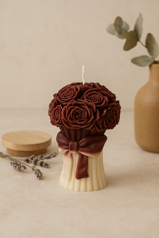 Rose Bouquet Candle with Cream Bow Base | Handcrafted Floral Sculpted Soy Wax Candle | Elegant Decorative Gift Candle