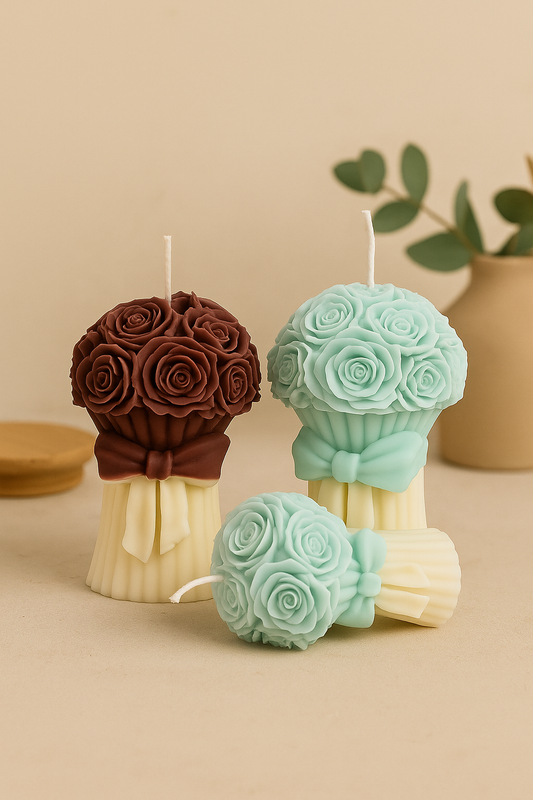 Bouquet Rose Candle Set – Mint Green & Brown | Sculpted Floral Soy Wax Candles with Cream Bow Base | Romantic Decorative Gift Candles