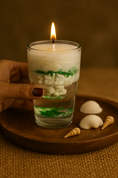 Layered Art Gel Candle in Glass – Handcrafted Decorative Candle with White Wax & Green Glitter Accents