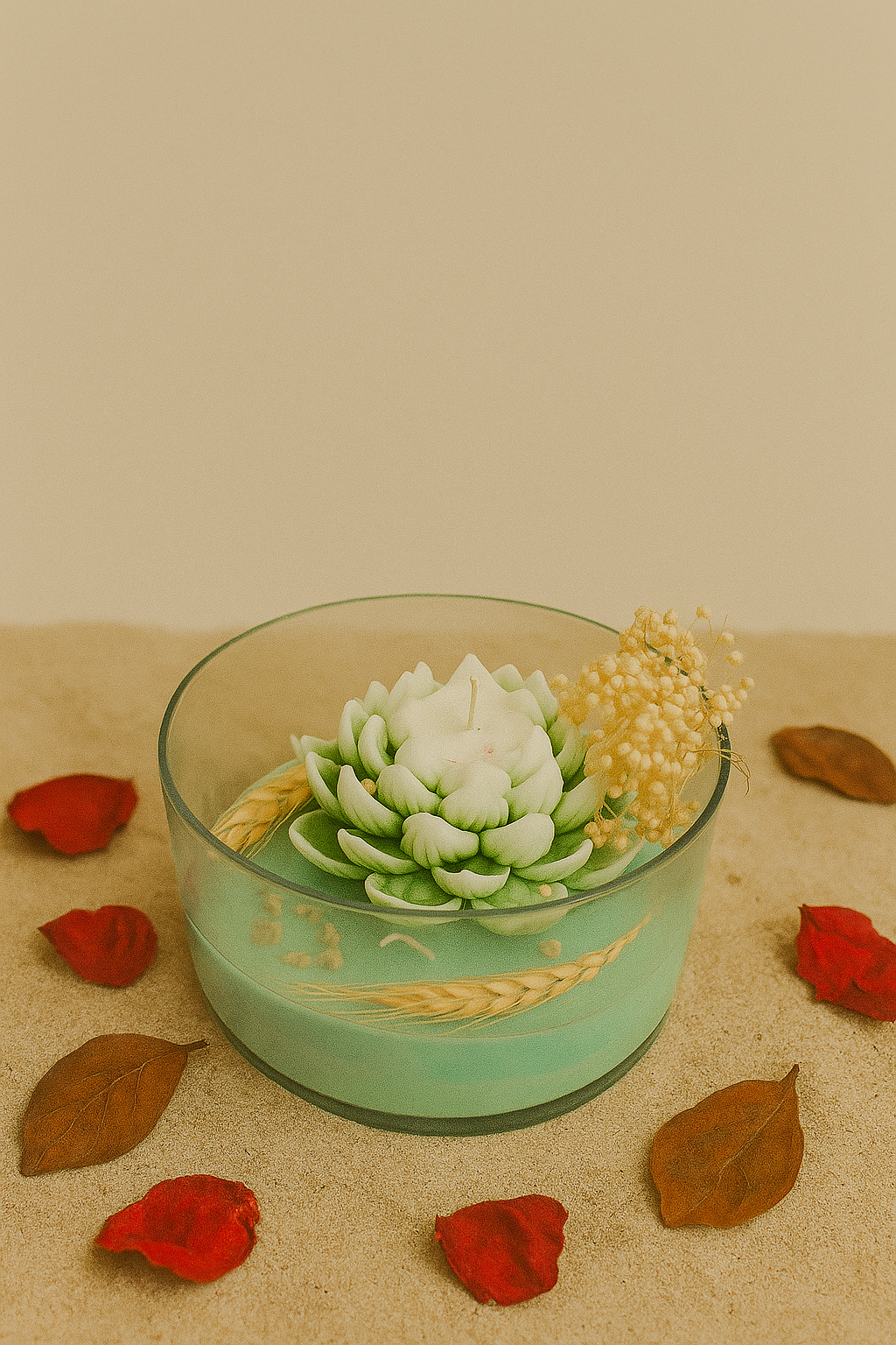 Lotus & Rose Glass Bowl Candle  – Decorative Floral Wax Candles with Seashells & Dried Flowers | Blue, Green, Yellow, Red , Brown